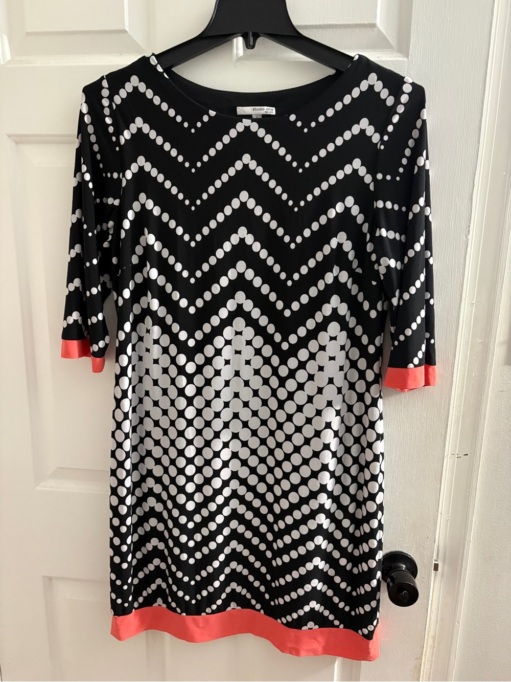 Studio One Black & White Chevron Dot Midi Dress with Coral Trim